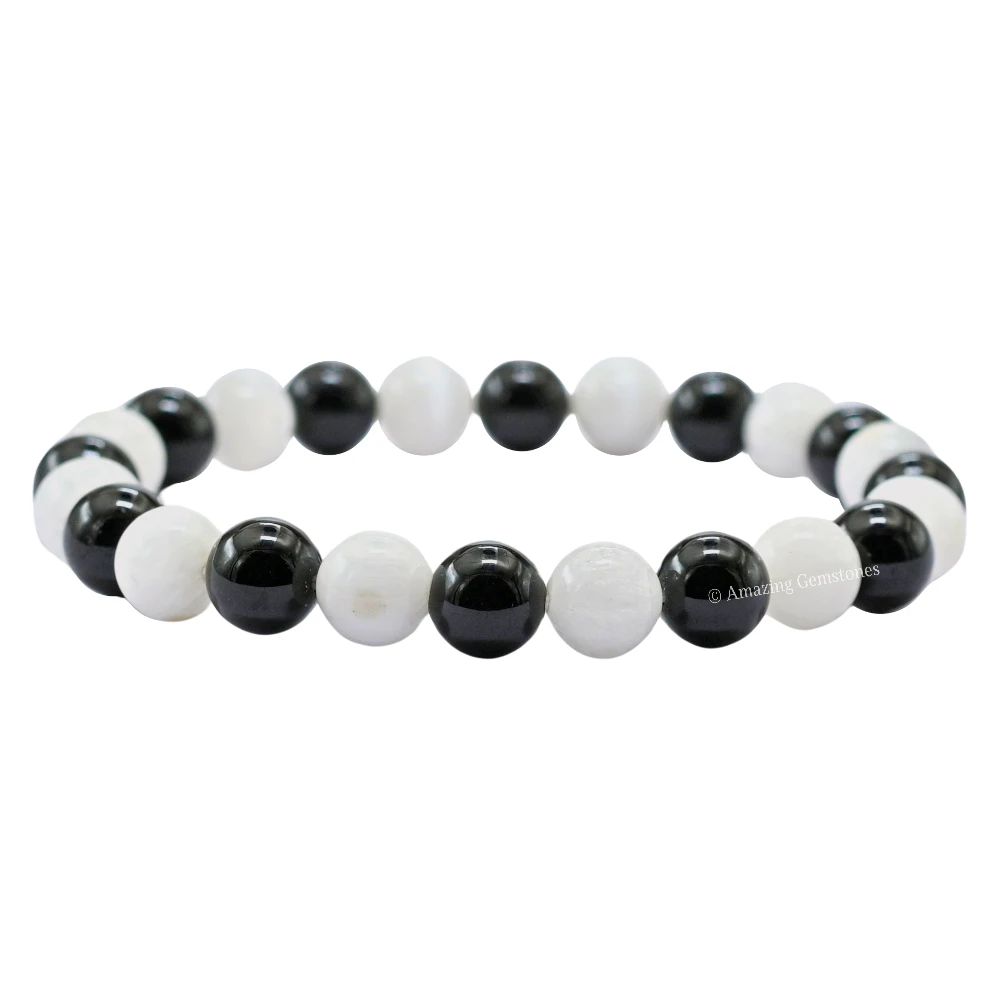 Black Tourmaline Selenite Bracelet 1 by 1(Strechable)