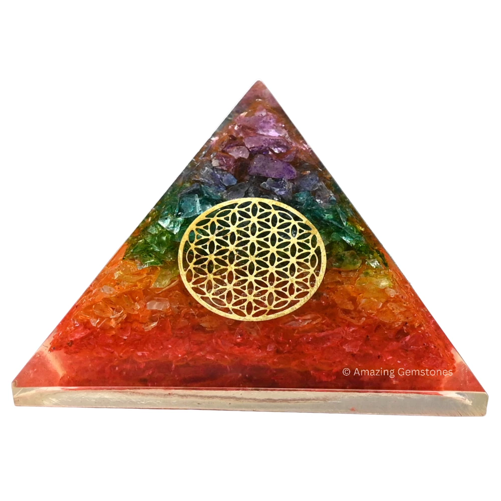 Chakra Onyx Orgone Pyramid - Flower of Life