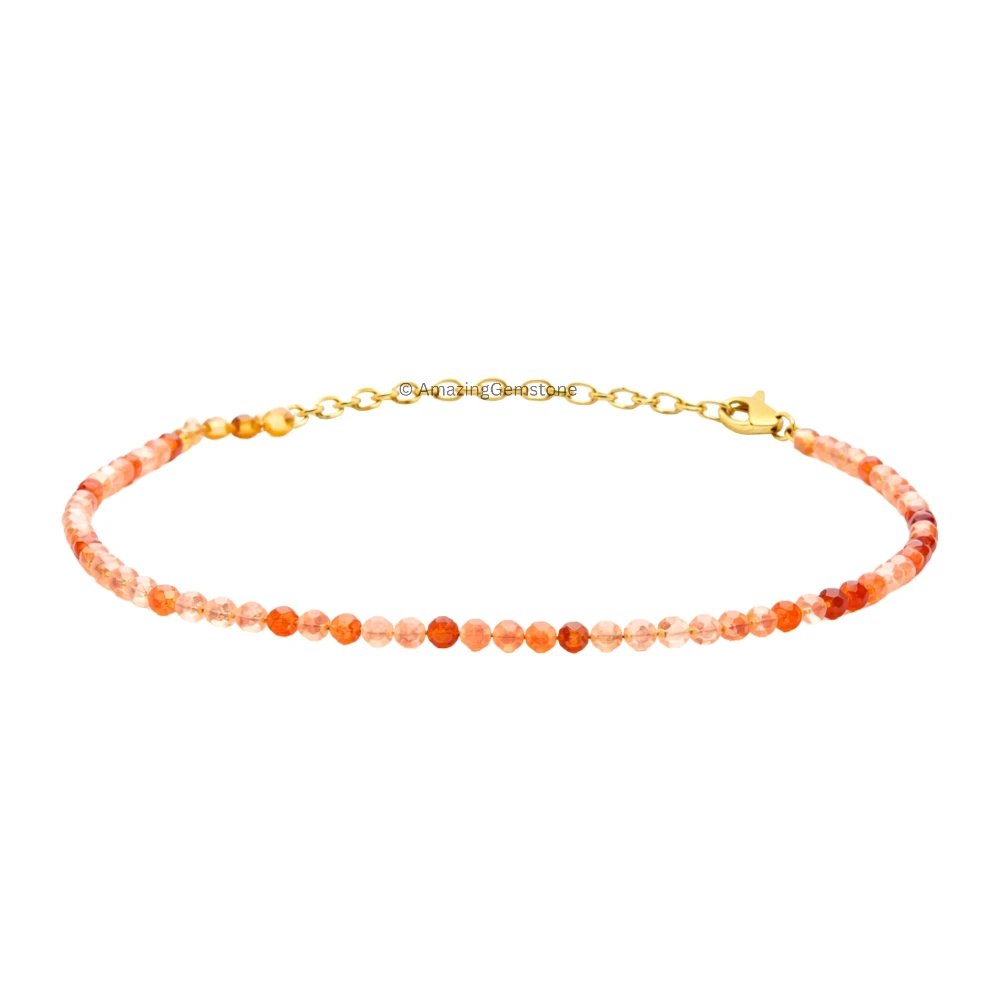 Orange Rutilated Quartz Crystal Bracelet - 2mm Faceted Bead (Gold)