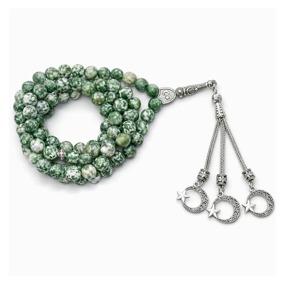 Tree Agate Crystal Tasbeeh Sibha Prayer Beads (Silver)