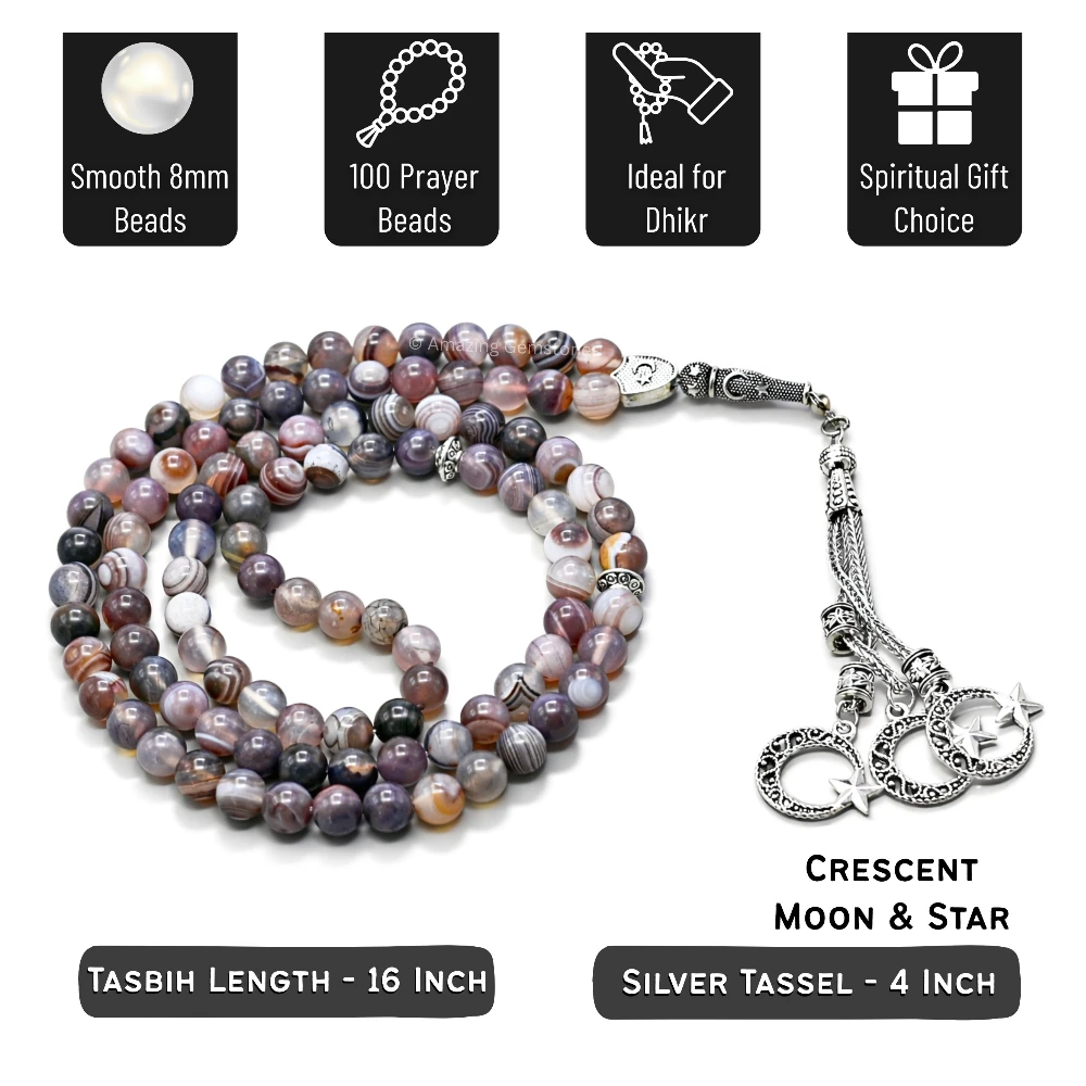 Botswana Agate Crystal Tasbeeh Sibha Prayer Beads (Silver)