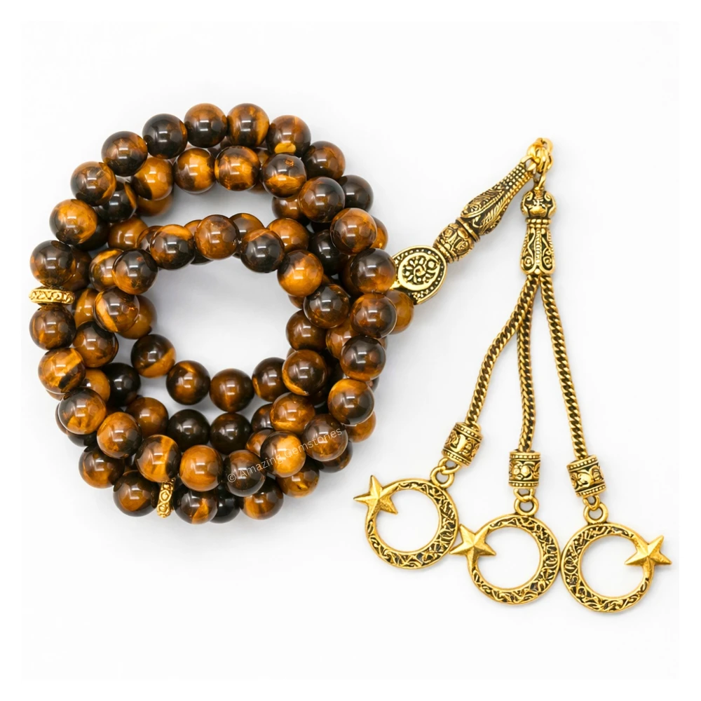 Tiger Eye Crystal Tasbeeh Sibha Prayer Beads (Gold)