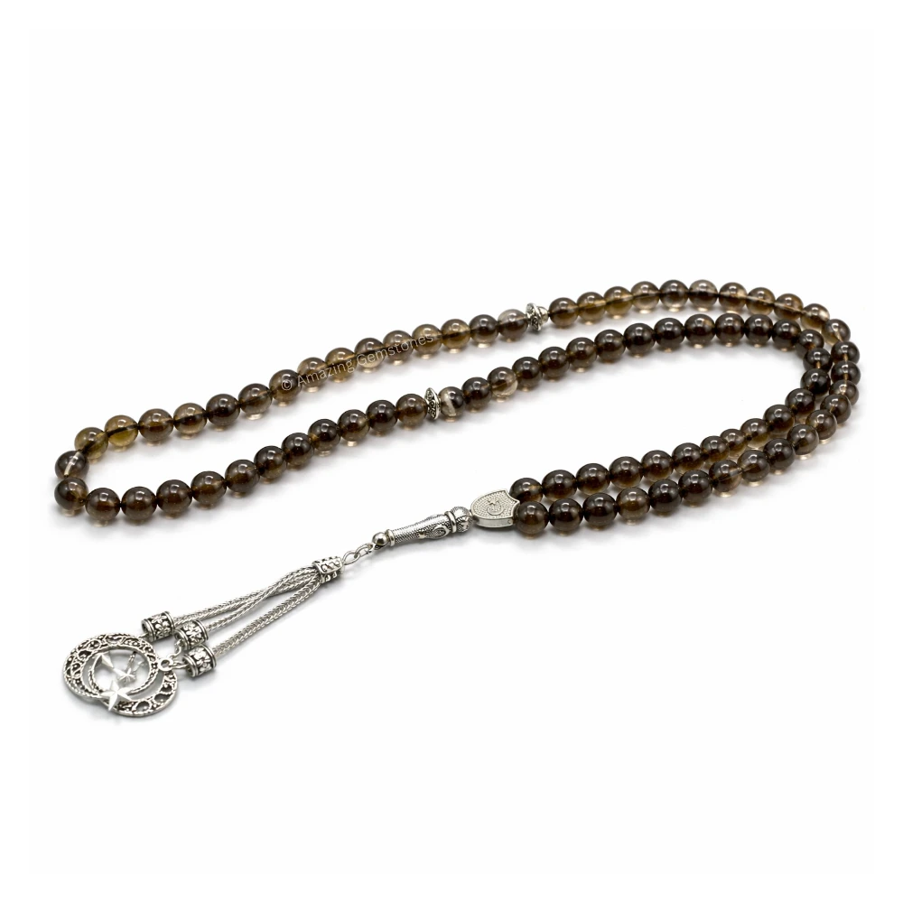 Smoky Quartz Crystal Tasbeeh Sibha Prayer Beads (Silver)