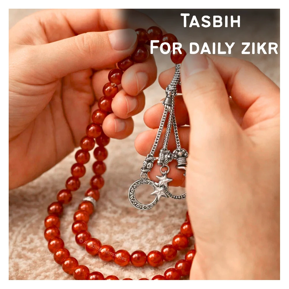 Red Onyx Crystal Tasbeeh Sibha Prayer Beads (Silver)