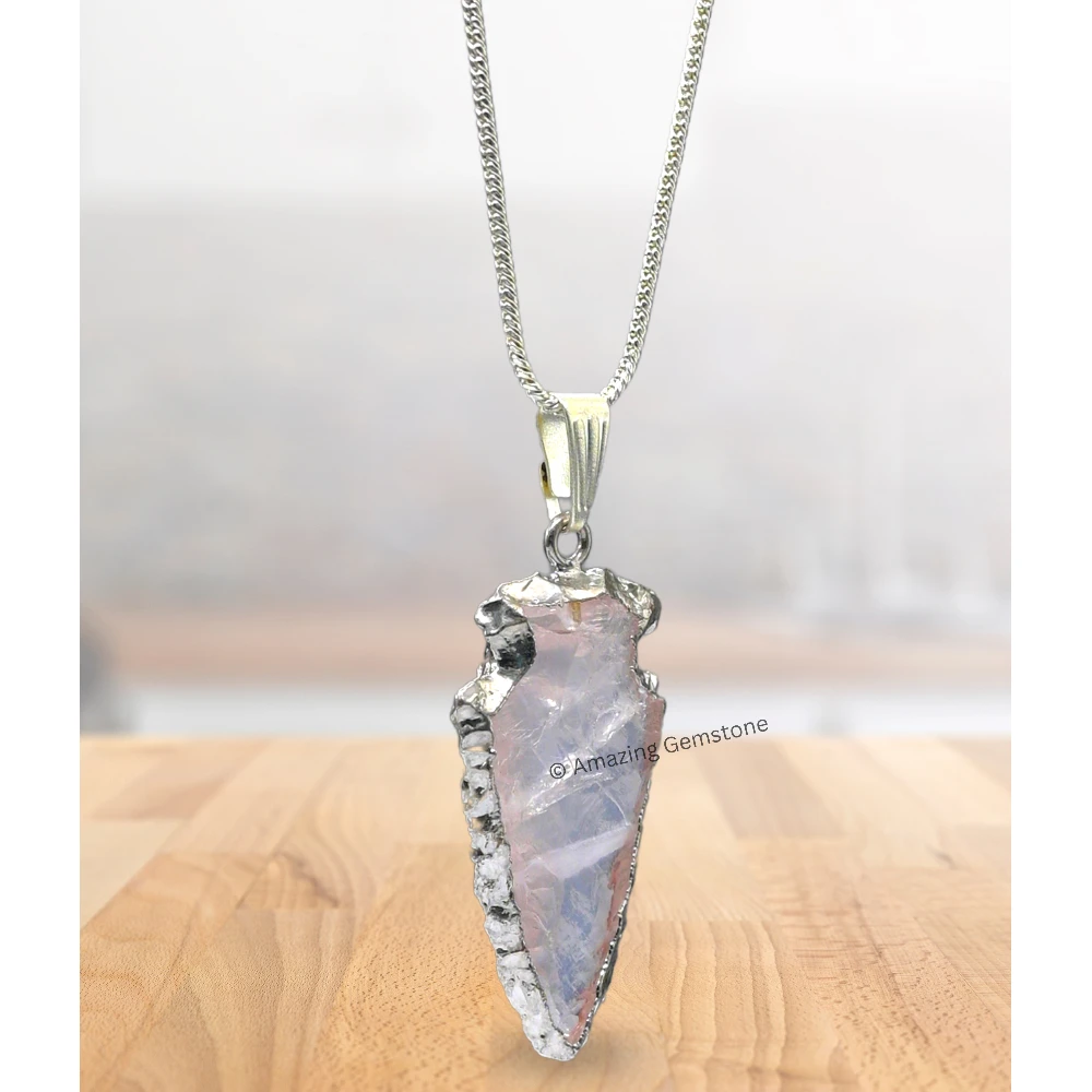 Rose Quartz Arrowhead Pendant - Silver Plated