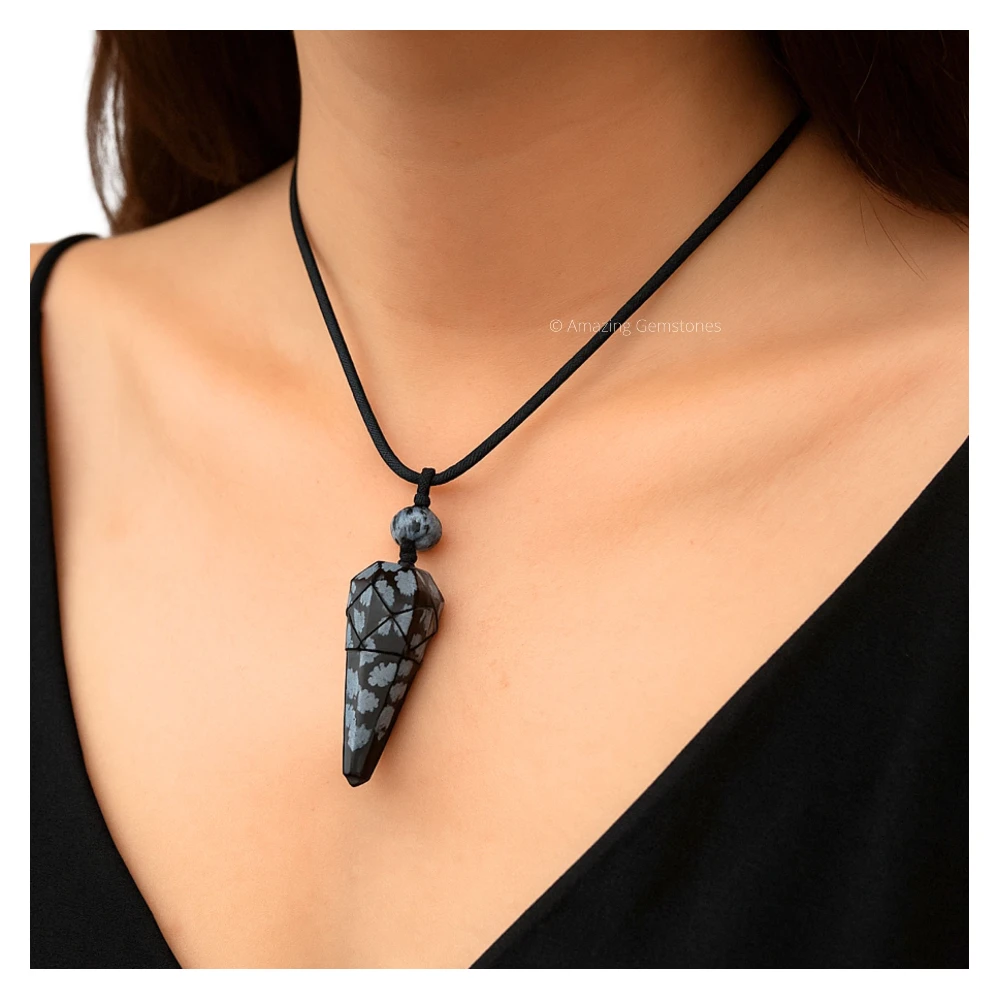 Snowflake Obsidian Pendulum Pendant Necklace (Macrame)