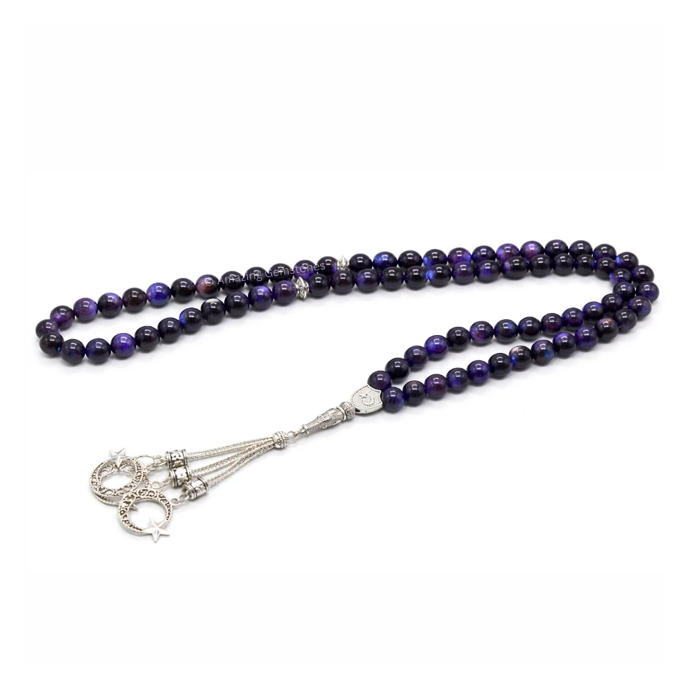 Purple Tiger Eye Crystal Tasbeeh Sibha Prayer Beads (Silver)