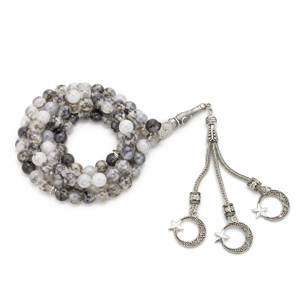 Dragon Vein Agate Crystal Tasbeeh Sibha Prayer Beads (Silver)