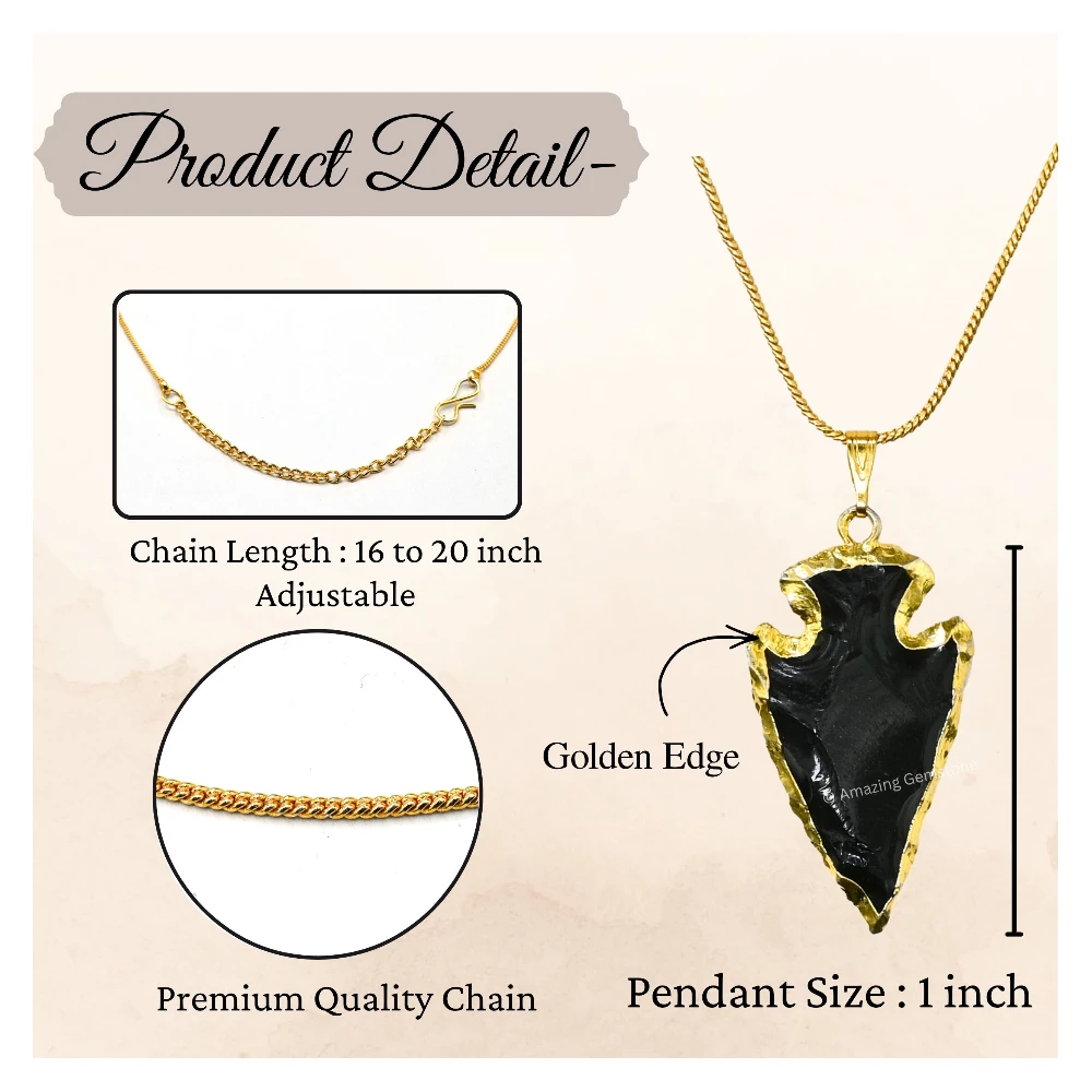 Black Obsidian Arrowhead Pendant - Gold Plated