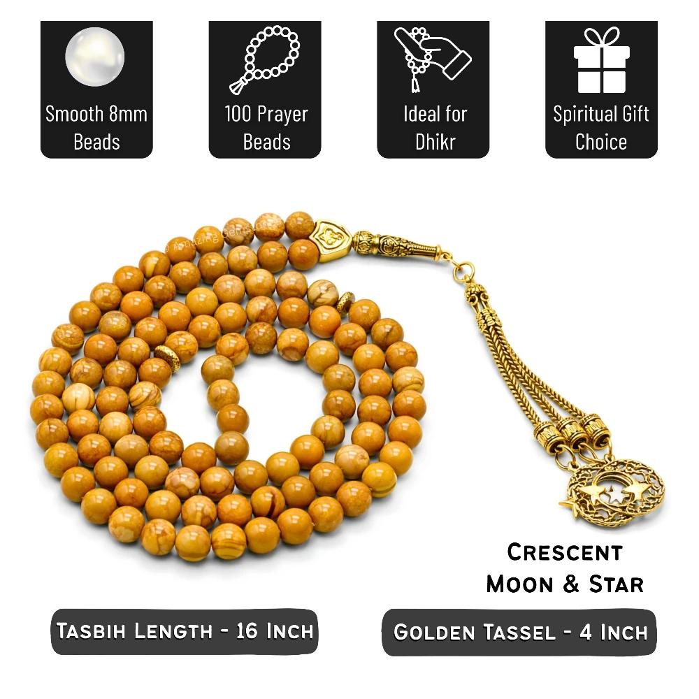 Yellow Jasper Crystal Tasbeeh Sibha Prayer Beads (Gold)