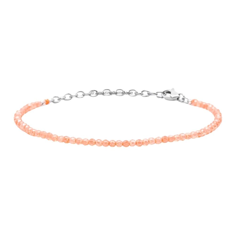Peach Moonstone Crystal Bracelet - 2mm Faceted Bead (Silver)