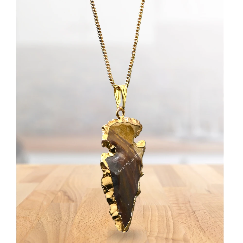 Fancy Jasper Arrowhead Pendant - Gold Plated