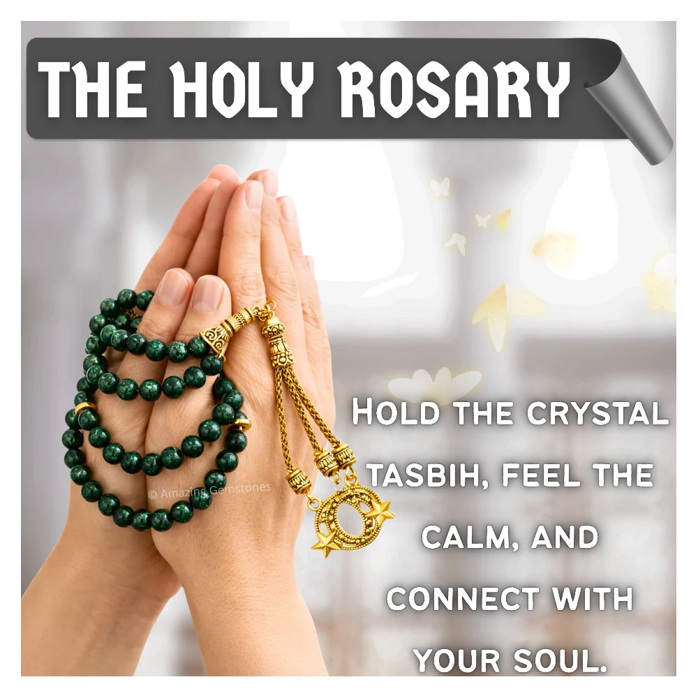 Green Goldstone Crystal Tasbeeh Sibha Prayer Beads (Gold)