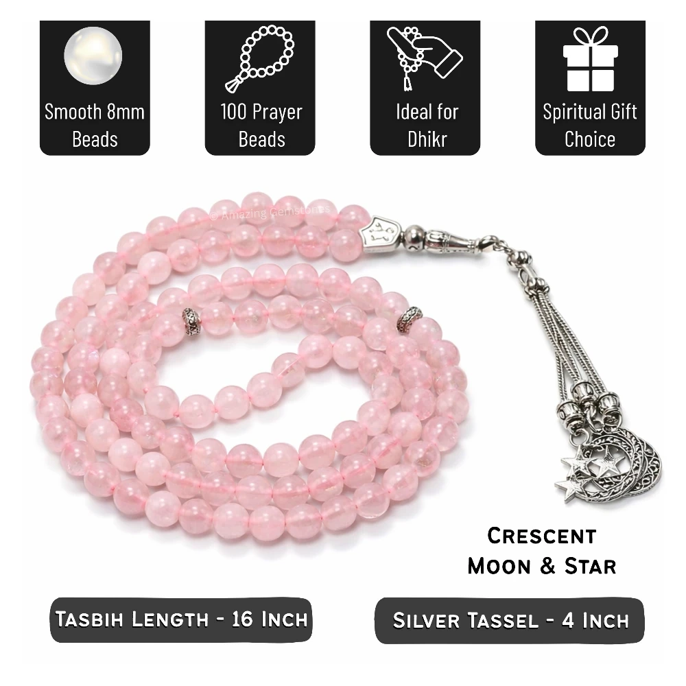 Rose Quartz Crystal Tasbeeh Sibha Prayer Beads (Silver)