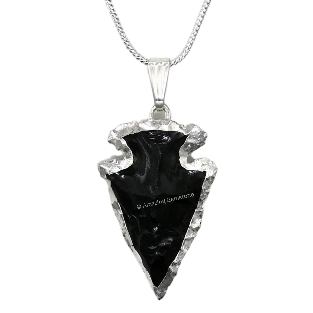 Black Obsidian Arrowhead Pendant - Silver Plated