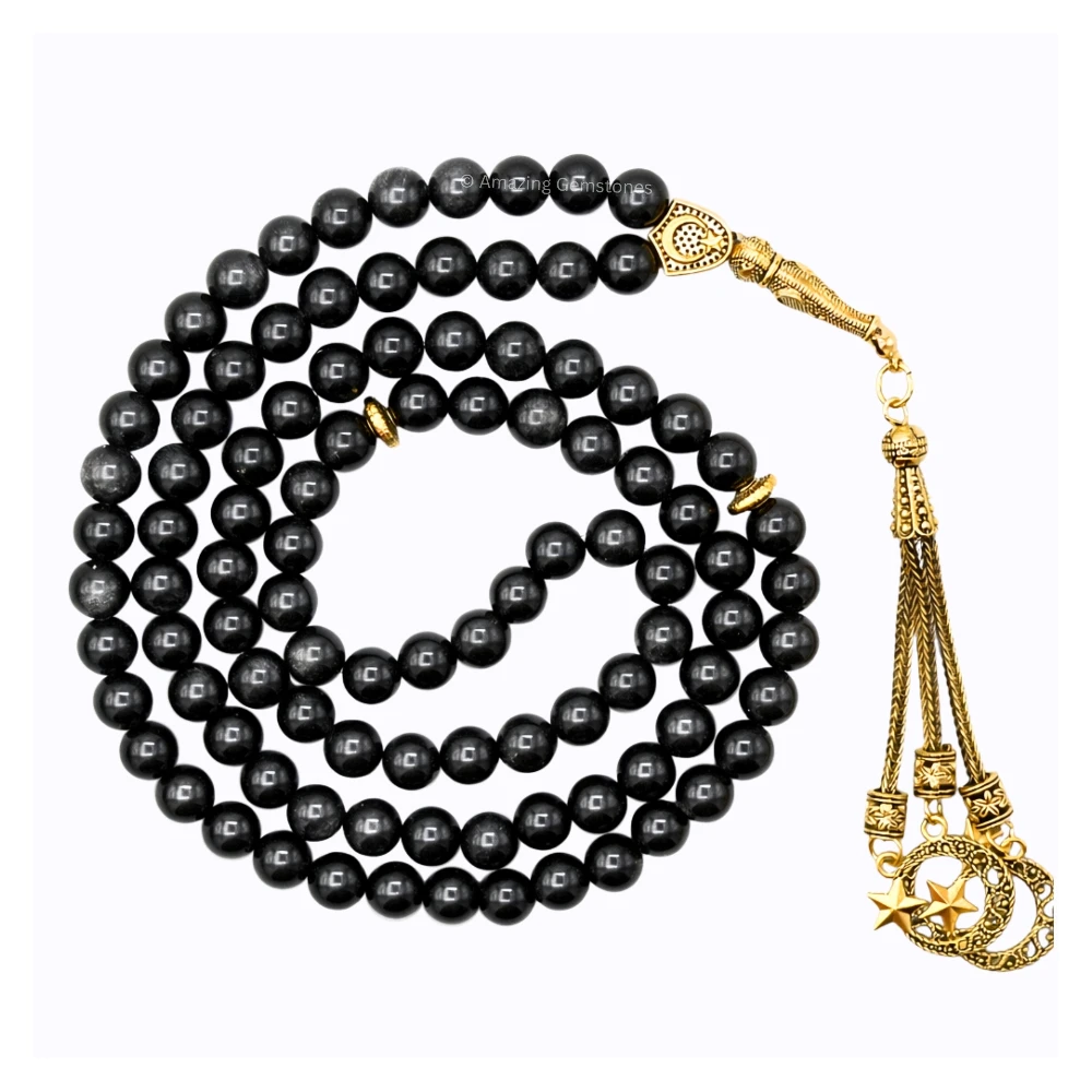 Silver Sheen Obsidian Crystal Tasbeeh Sibha Prayer Beads (Gold)
