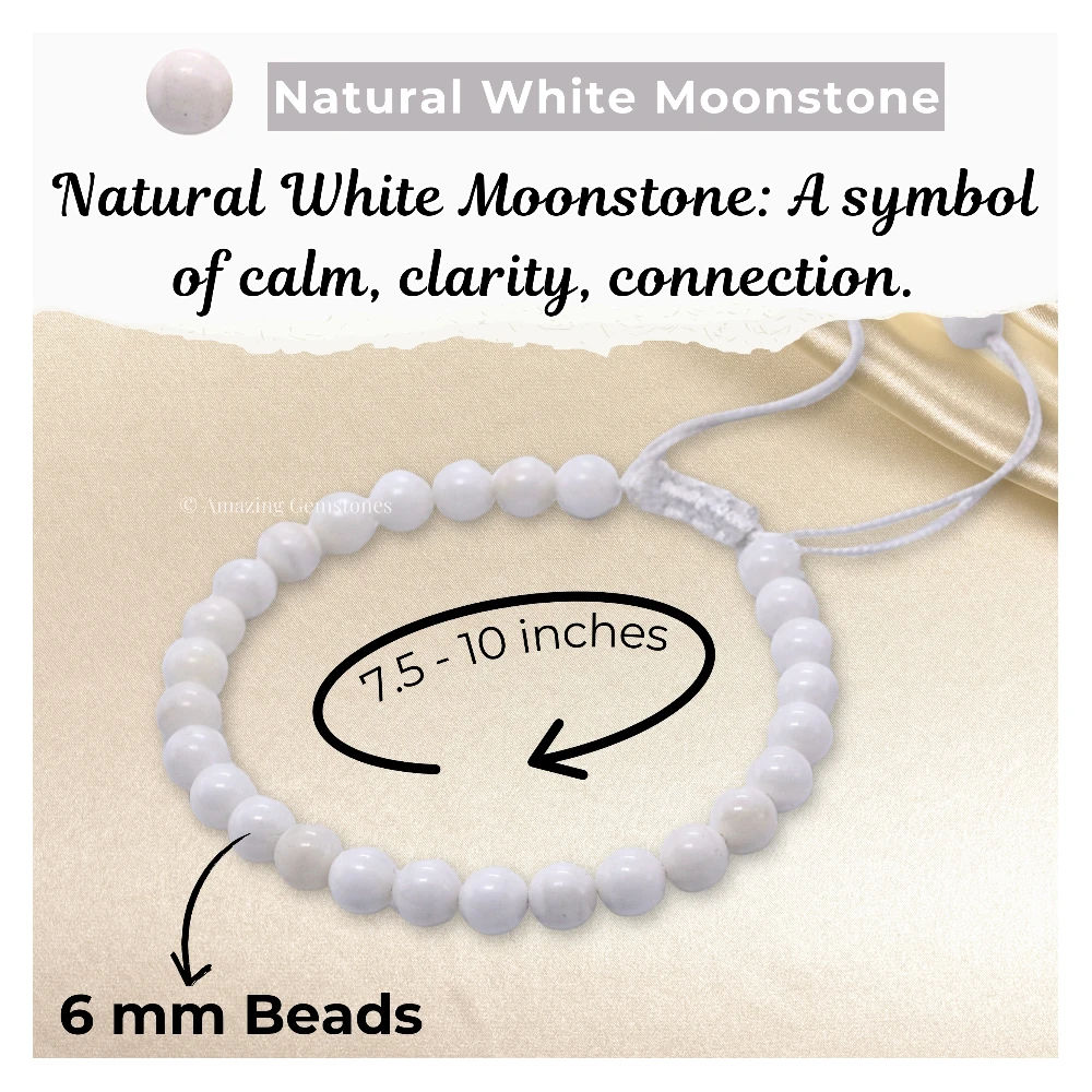 White Moonstone Healing Crystal Bracelets - 6mm Beads (Adjustable)