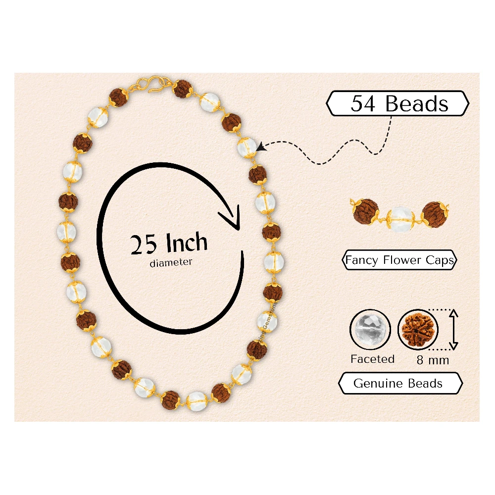 Rudraksha and Sphatik Mala Necklace (Gold Chain) (Faceted)