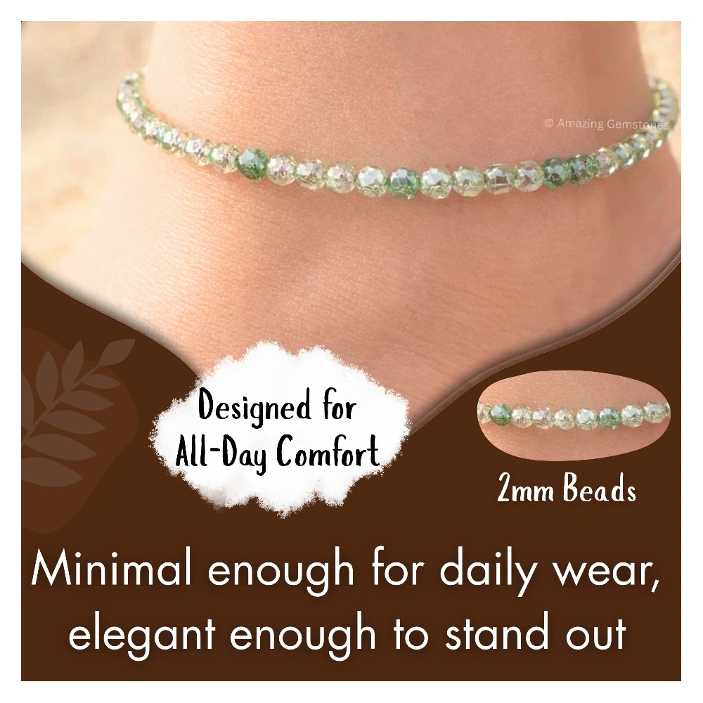 Green Amethyst Crystal Anklet - 2mm Faceted Bead (Silver)