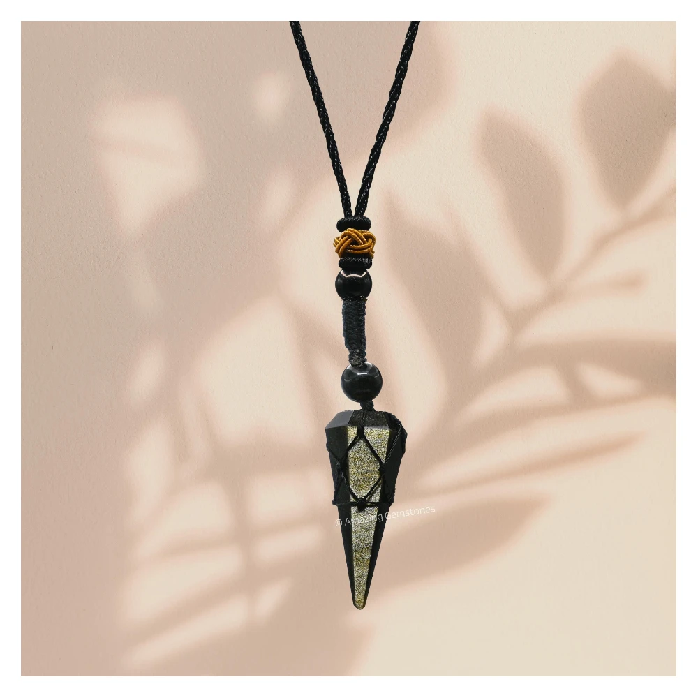 Golden Sheen Obsidian Pendulum Pendant Necklace (Macrame)