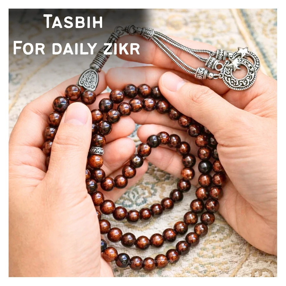 Mahogany Obsidian Crystal Tasbeeh Sibha Prayer Beads (Silver)
