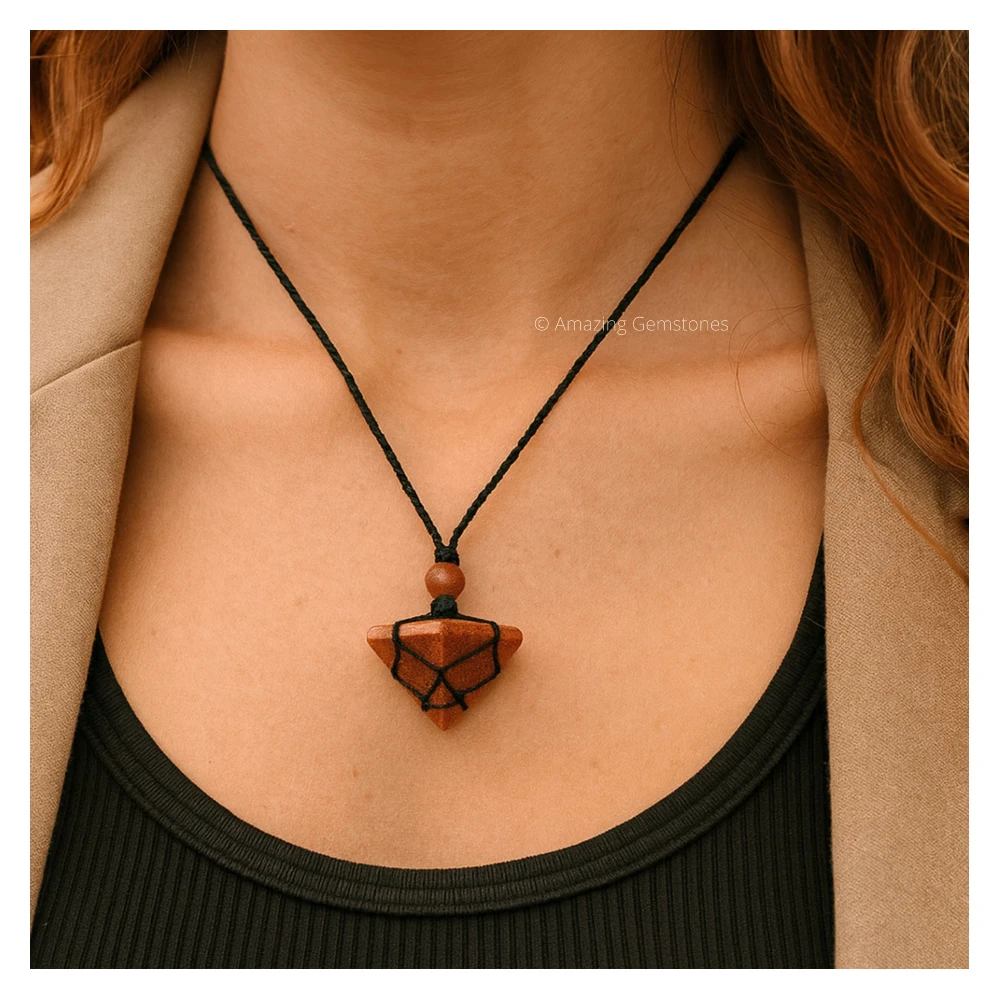Red Goldstone Pyramid Pendant Necklace (Macrame)