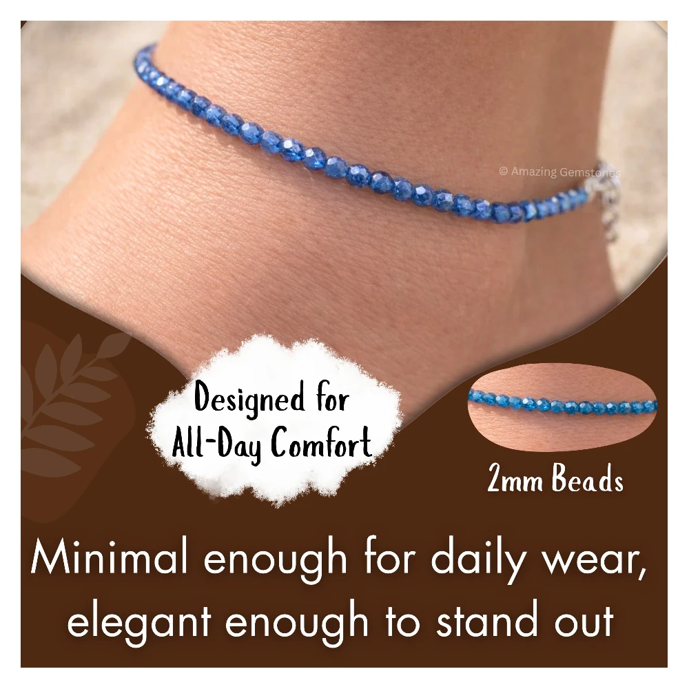 Dark Blue Chalcedony Crystal Anklet - 2mm Faceted Bead (Silver)