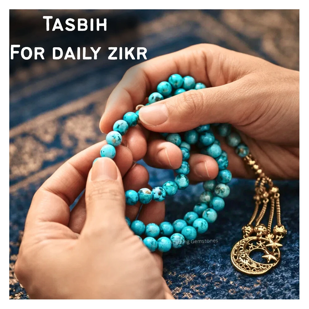 Magnesite Turquoise Crystal Tasbeeh Sibha Prayer Beads (Gold)