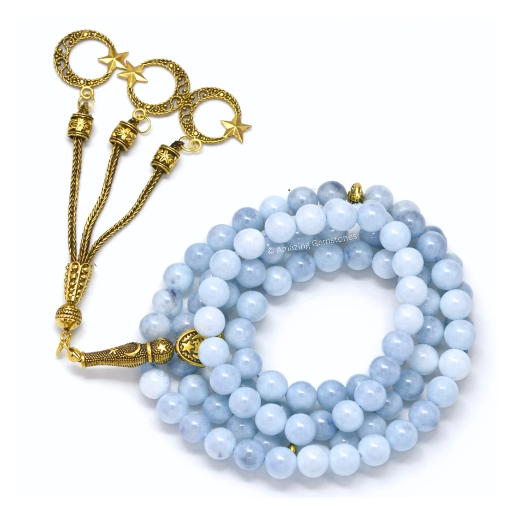 Aquamarine Crystal Tasbeeh Sibha Prayer Beads (Gold)