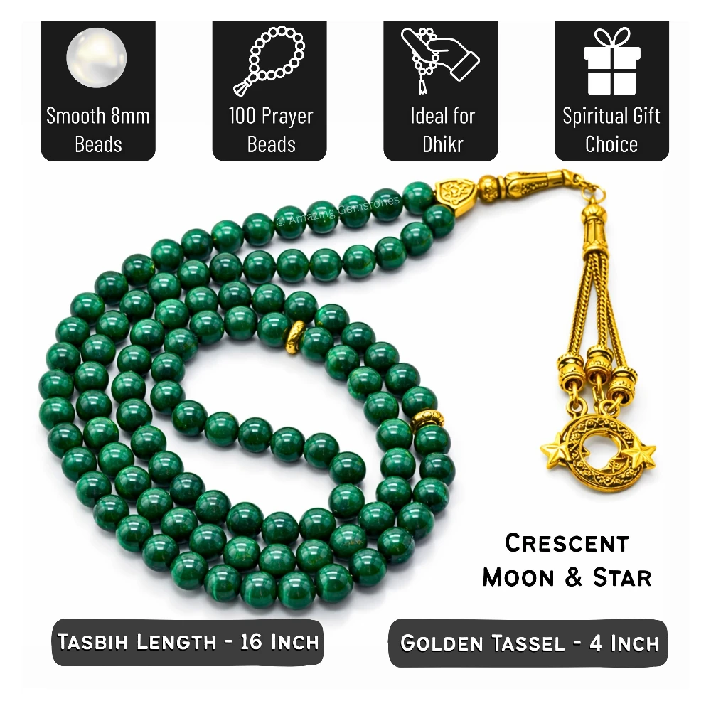 Malachite Crystal Tasbeeh Sibha Prayer Beads (Gold)