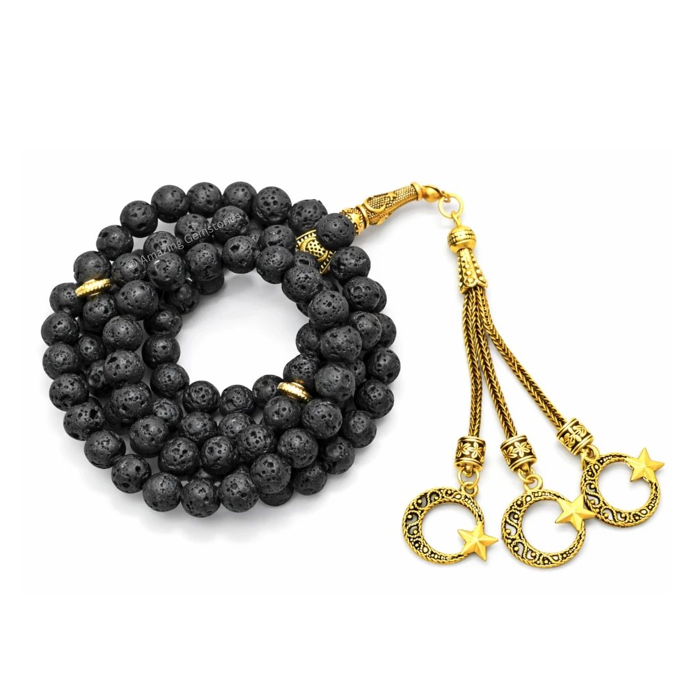 Lava Stone Crystal Tasbeeh Sibha Prayer Beads (Gold)