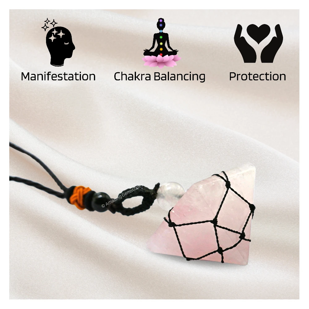 Rose Quartz Pyramid Pendant Necklace (Macrame)