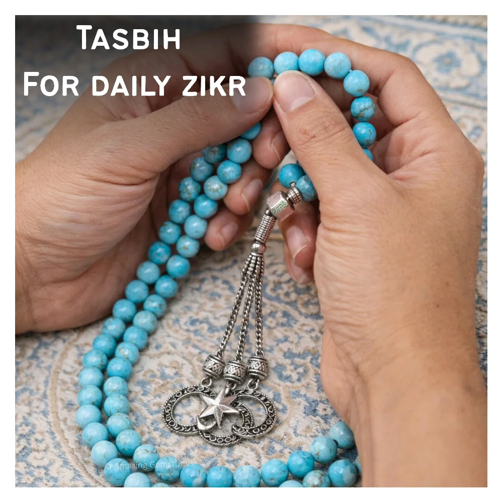 Magnesite Turquoise Crystal Tasbeeh Sibha Prayer Beads (Silver)
