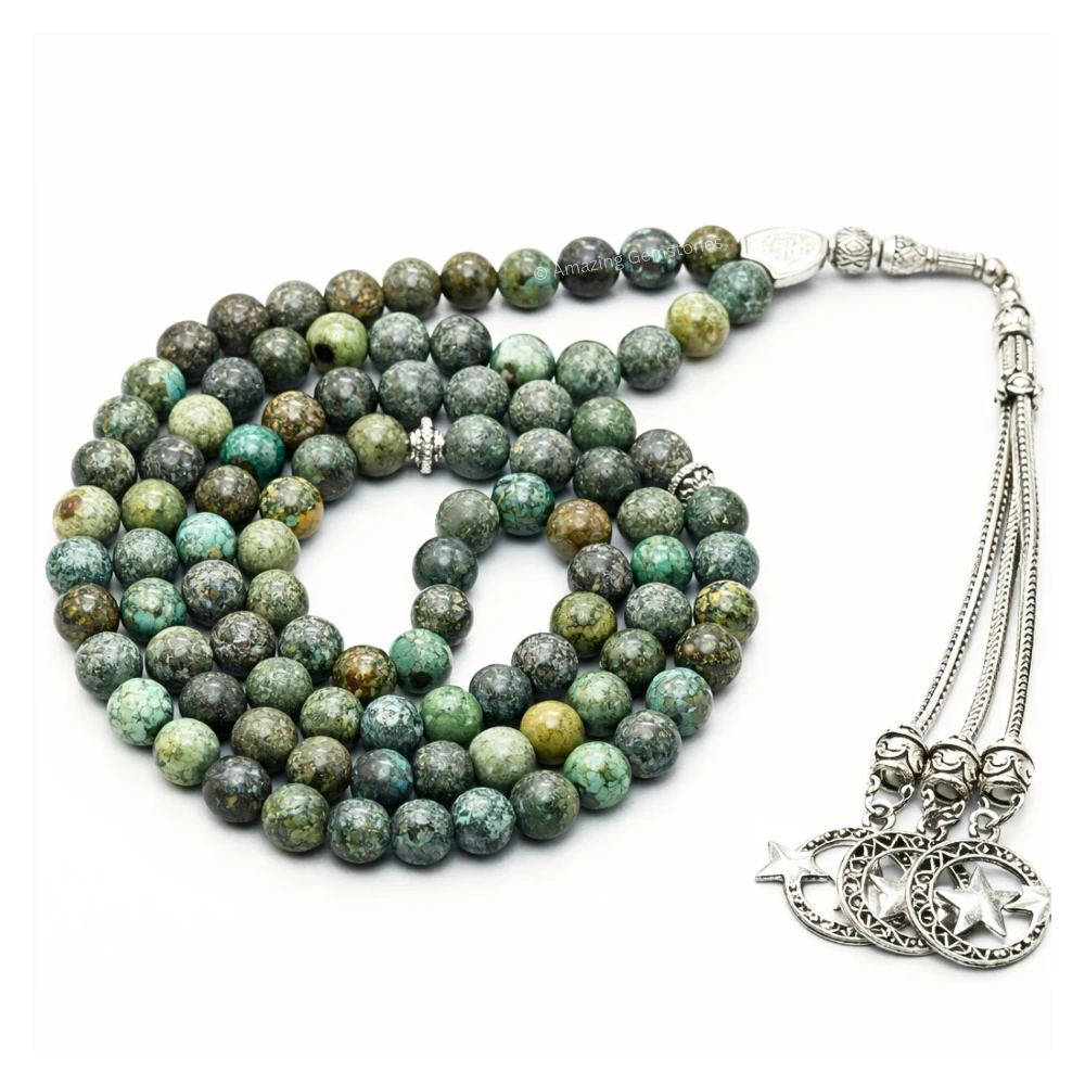 African Turquoise Crystal Tasbeeh Sibha Prayer Beads (Silver)