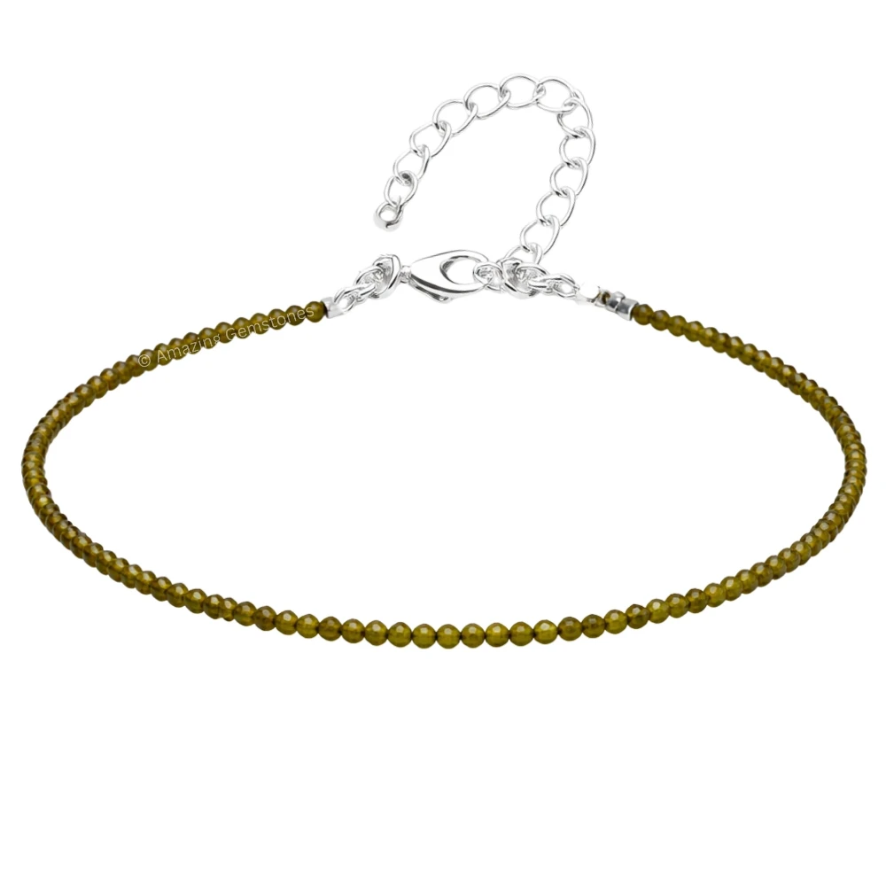 Green Cats Eye Crystal Anklet - 2mm Faceted Bead (Silver)