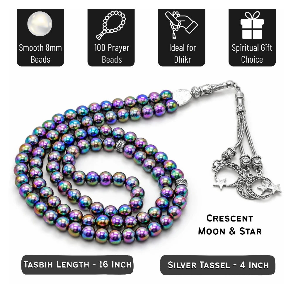 Rainbow Hematite Crystal Tasbeeh Sibha Prayer Beads (Silver)