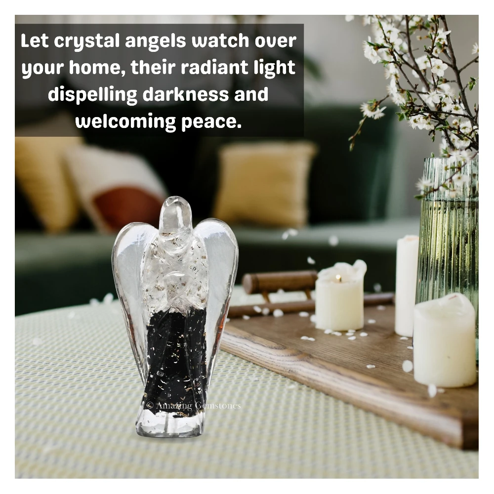 Selenite Black Tourmaline Orgone Angel Figurine (Layer) (2 Inch)