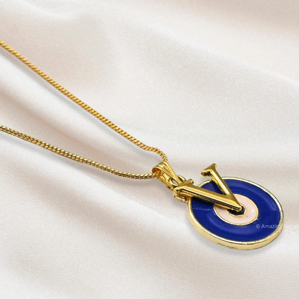Evil Eye Pendant Necklace with V Initial