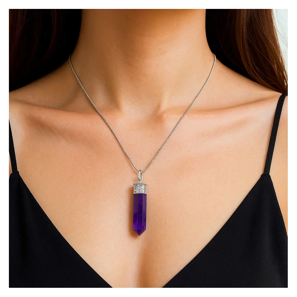 Amethyst Necklace - Pencil Point (Silver)
