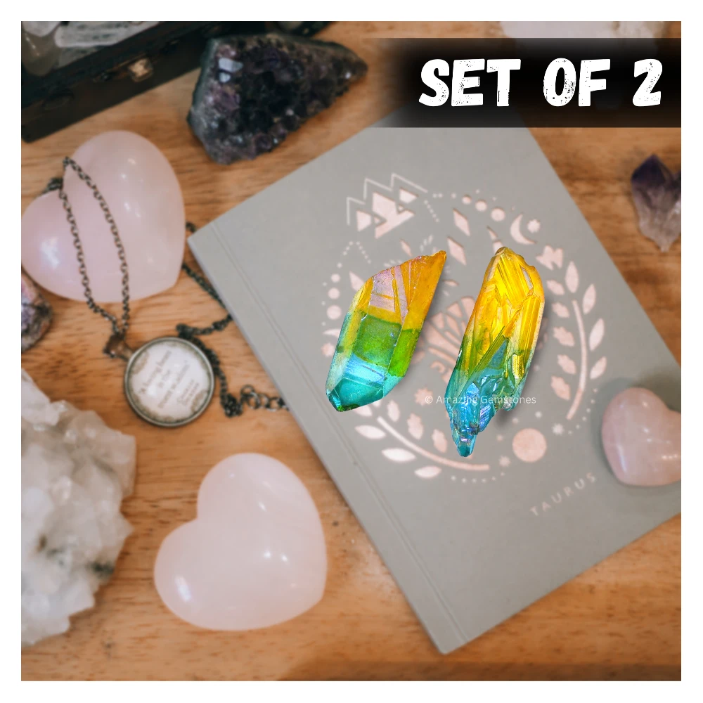 Aqua Apple Tangerine Aura Quartz Raw Crystal Points (2 Pieces)
