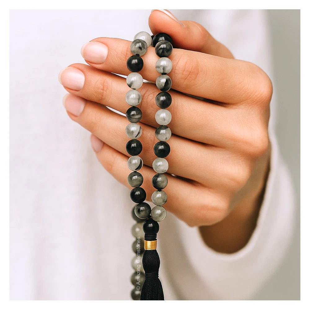 Black Rutilated Quartz Mala (Without Knot)