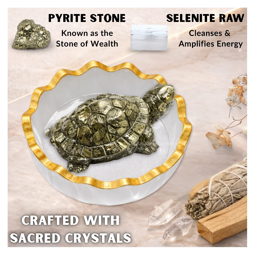 Pyrite Tortoise Figurine (with Selenite Bowl)