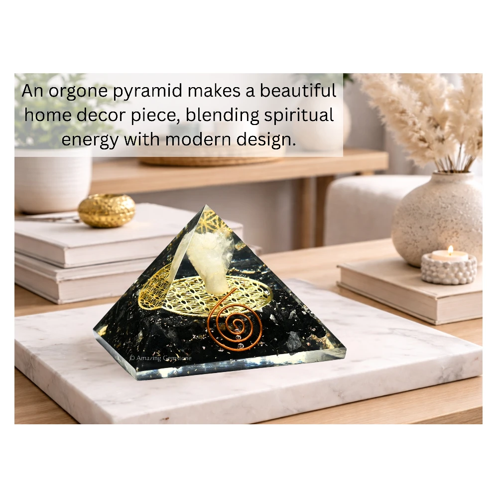 Shungite Orgone Pyramid - Flower of Life with Angel