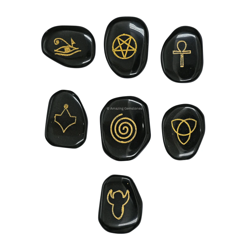 Black Agate Pentagram Reiki Pagan Stones (Set of 7)