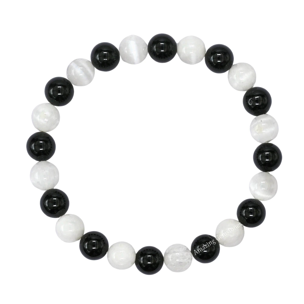 Black Tourmaline Selenite Bracelet 1 by 1(Strechable)