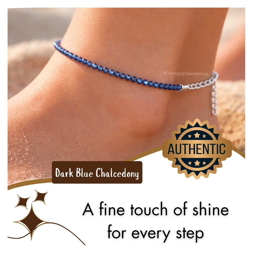 Dark Blue Chalcedony Crystal Anklet - 2mm Faceted Bead (Silver)