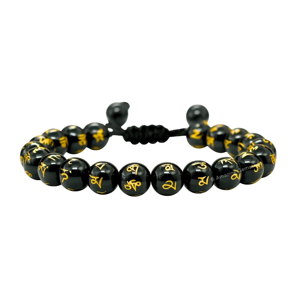 Black Agate (Om Mani Padme Hum) Bracelet (Adjustable)