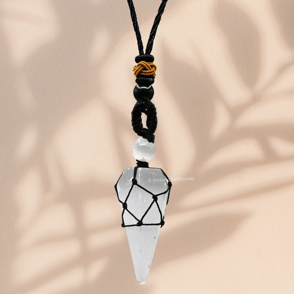 Selenite Pendulum Pendant Necklace (Macrame)
