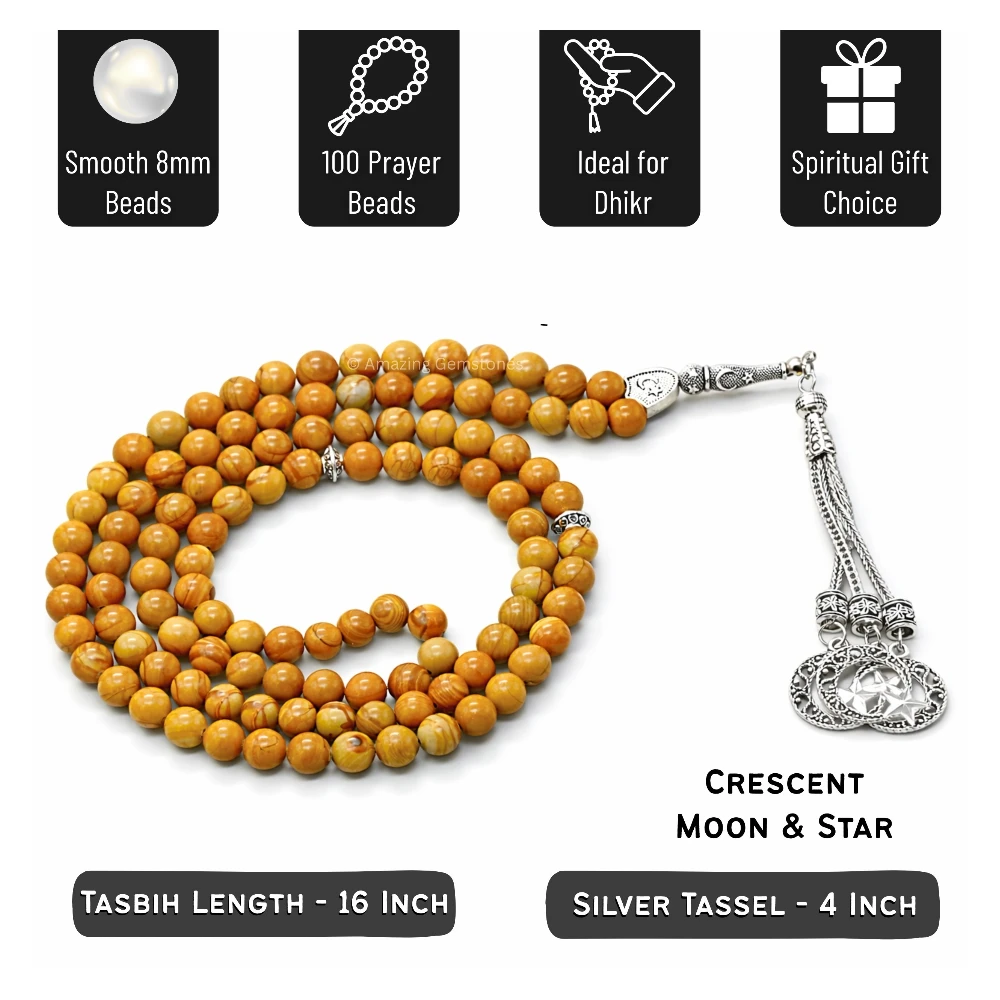 Yellow Jasper Crystal Tasbeeh Sibha Prayer Beads (Silver)
