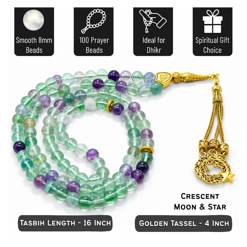 Multi Fluorite Crystal Tasbeeh Sibha Prayer Beads (Gold)